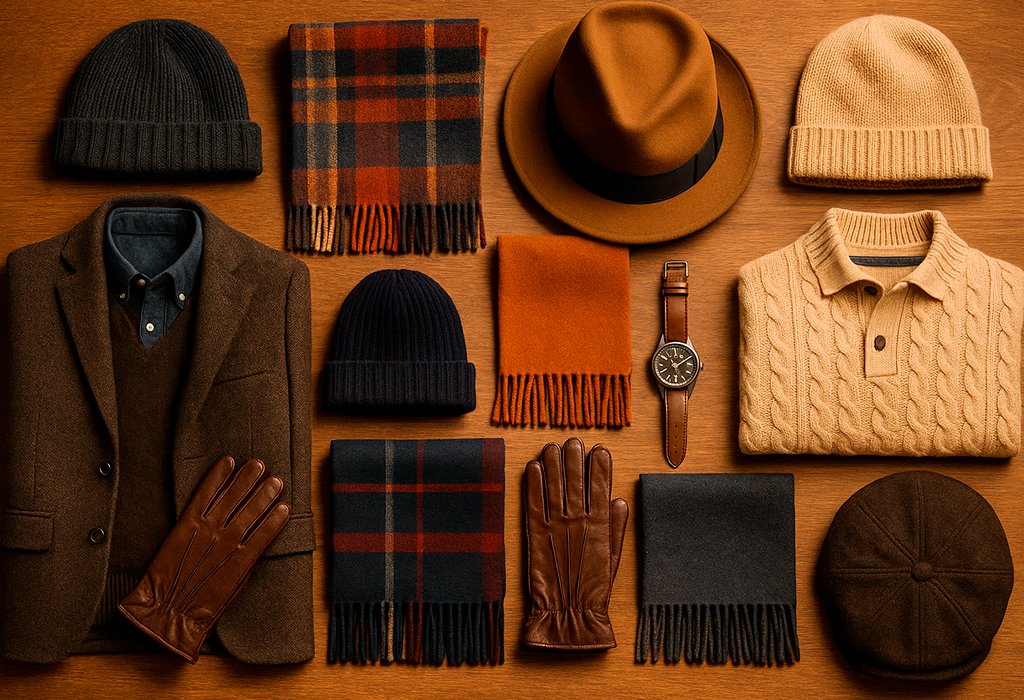 Flat lay of men’s fall accessories on wood