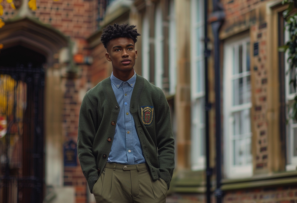 Young man in crest cardigan and chinos campus