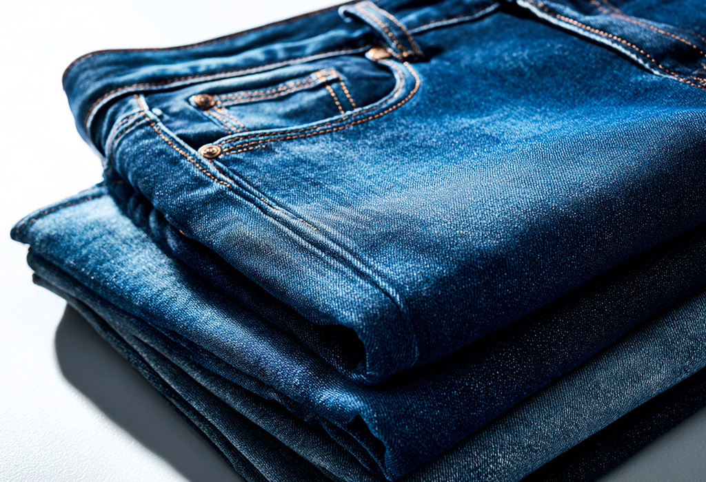 Close-up of folded blue denim jeans with rivets