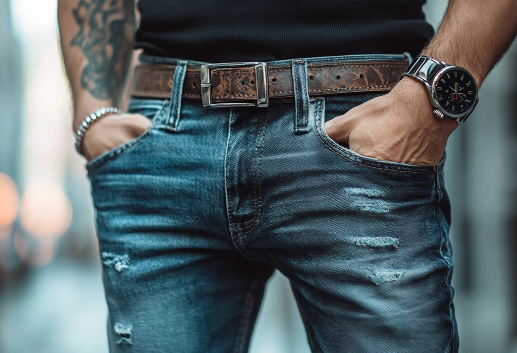 Man wearing distressed jeans with leather belt and wristwatch