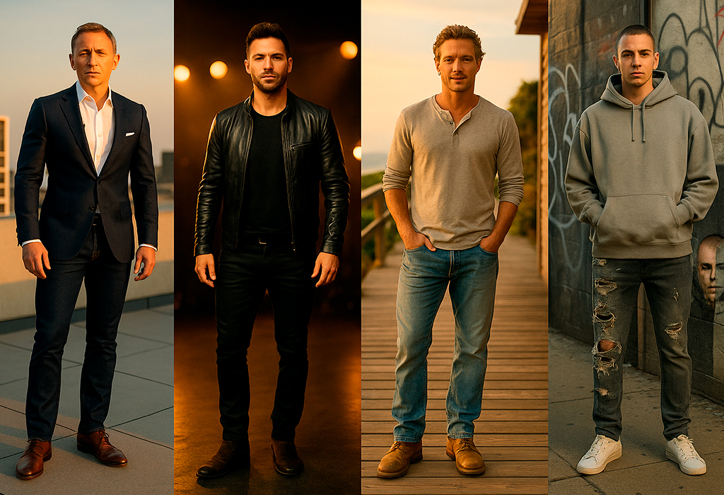 Four stylish men wearing different jean styles at sunset