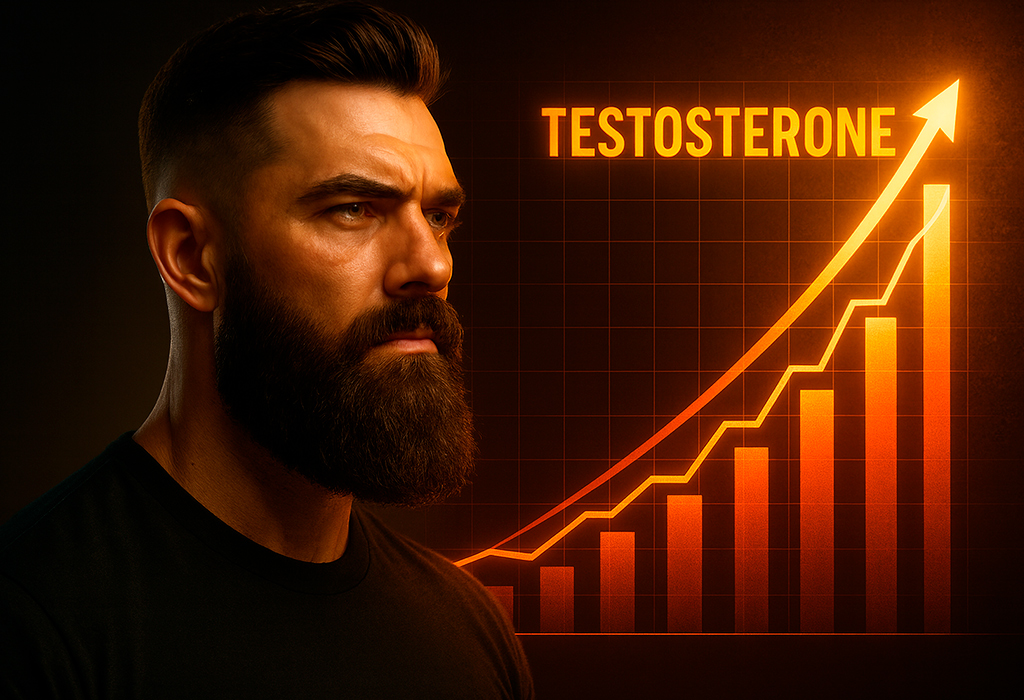 earded man with glowing testosterone growth chart background.