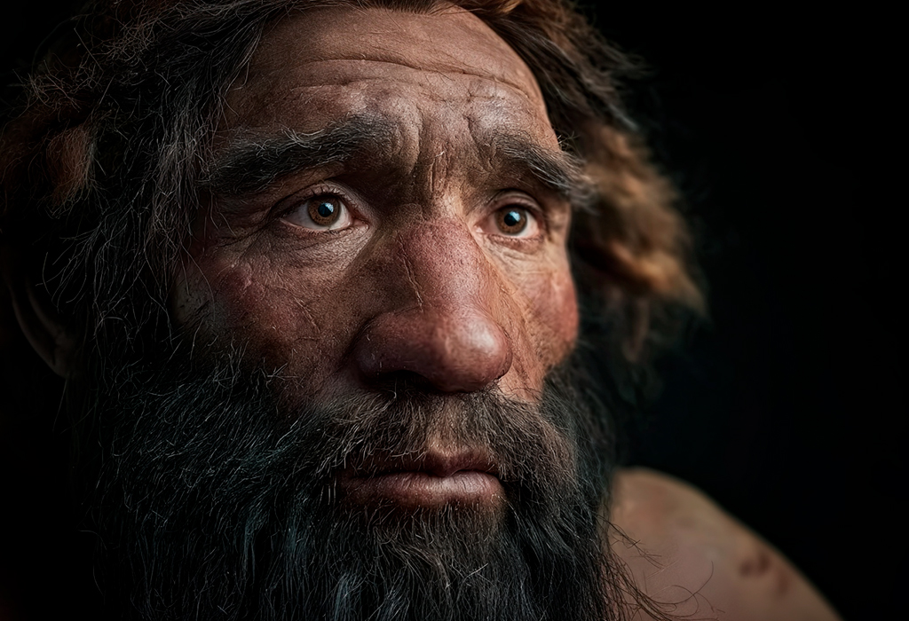 Realistic portrait of Neanderthal man with rugged thick beard