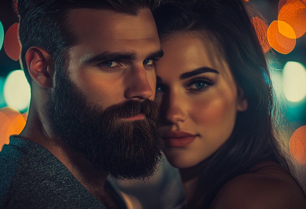 Man with beard embraced by woman under romantic night lights.