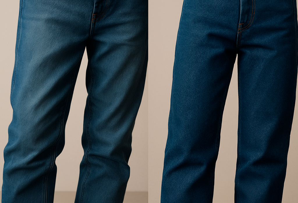 Side-by-side comparison showing thin and thick denim textures