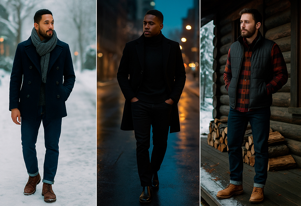 Three men styling dark jeans in winter city settings.