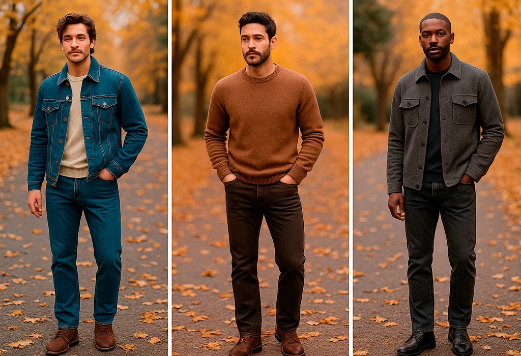Men in fall outfits showcasing denim in earthy colors.