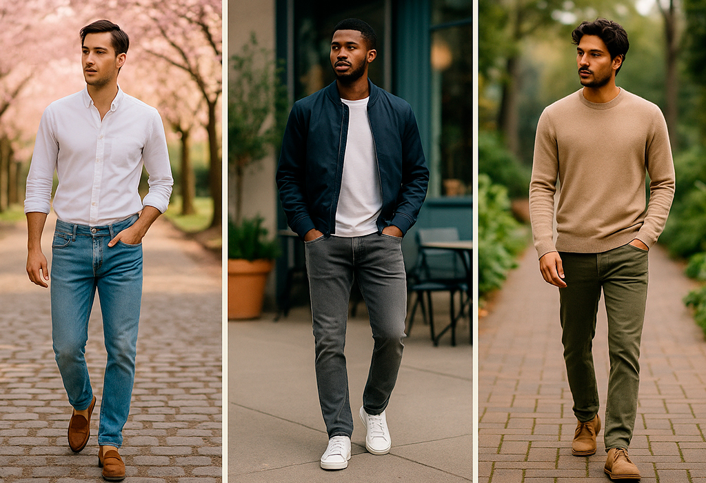 Men wearing spring jeans in blue, gray, and olive.