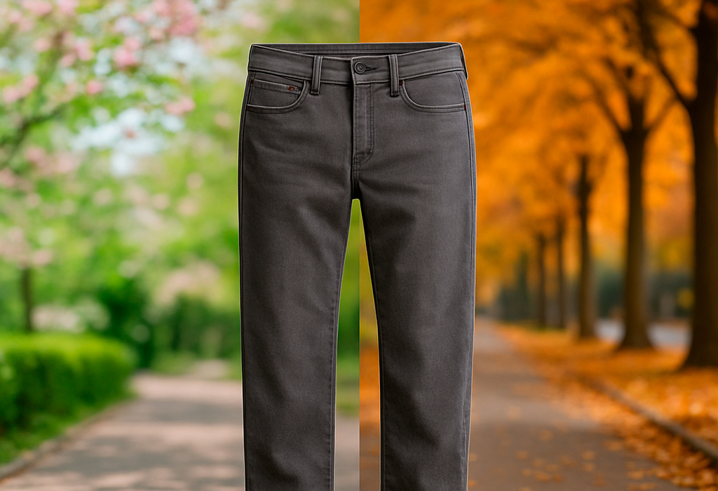Mid-gray jeans centered with split spring and fall background.