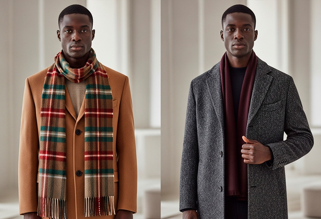 Model wearing two different scarves with stylish coats
