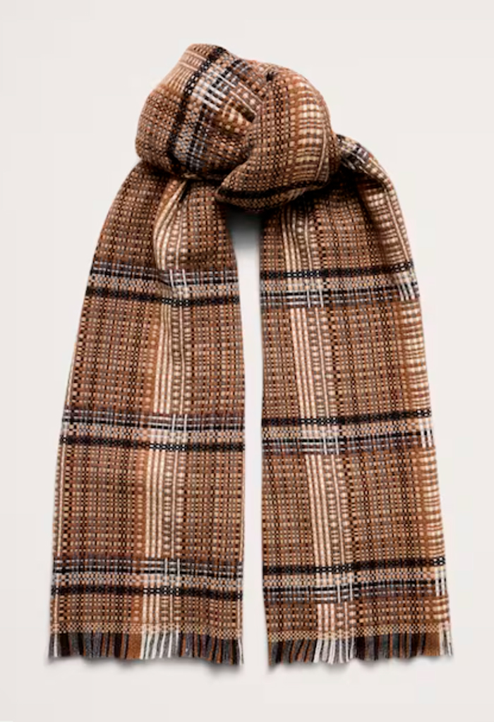 Earth-toned plaid scarf with a modern, textured design