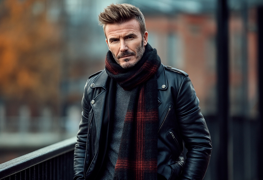 David Beckham wearing scarf with leather jacket