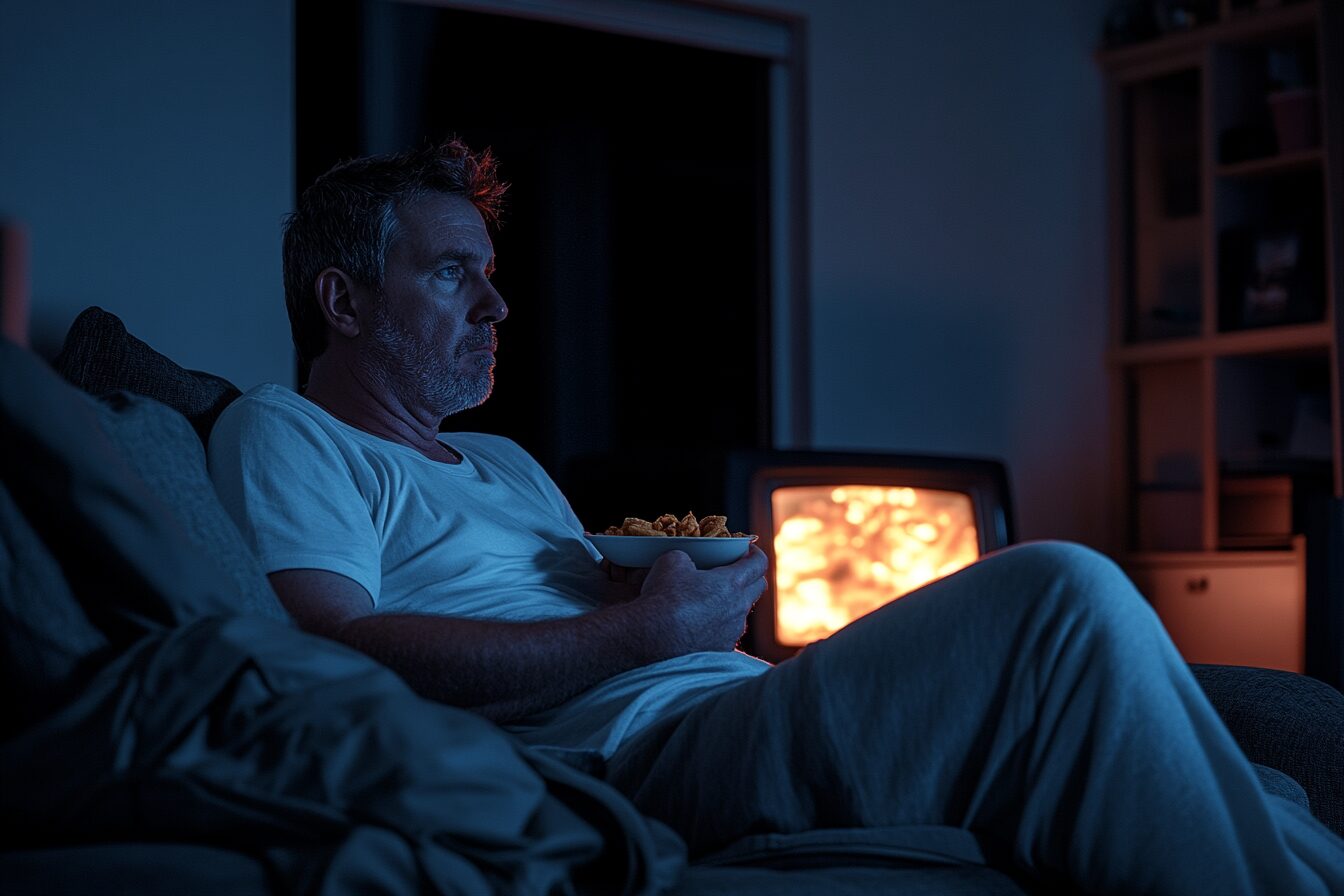 middle-aged man in sweatpants sitting on couch at night