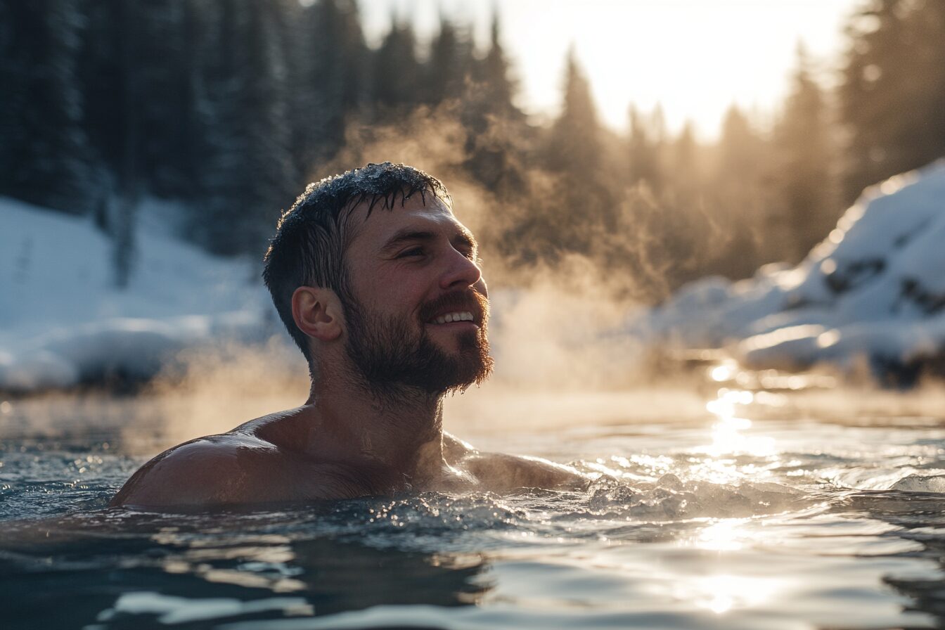 muscular man in early 40s plunging into outdoor ice bath at sunrise