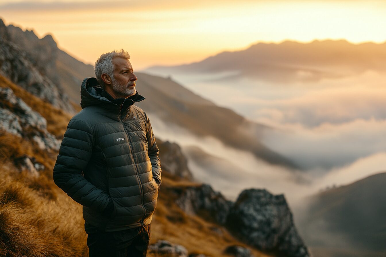 determined middle-aged man in athletic wear standing on a misty mountain trail at sunrise