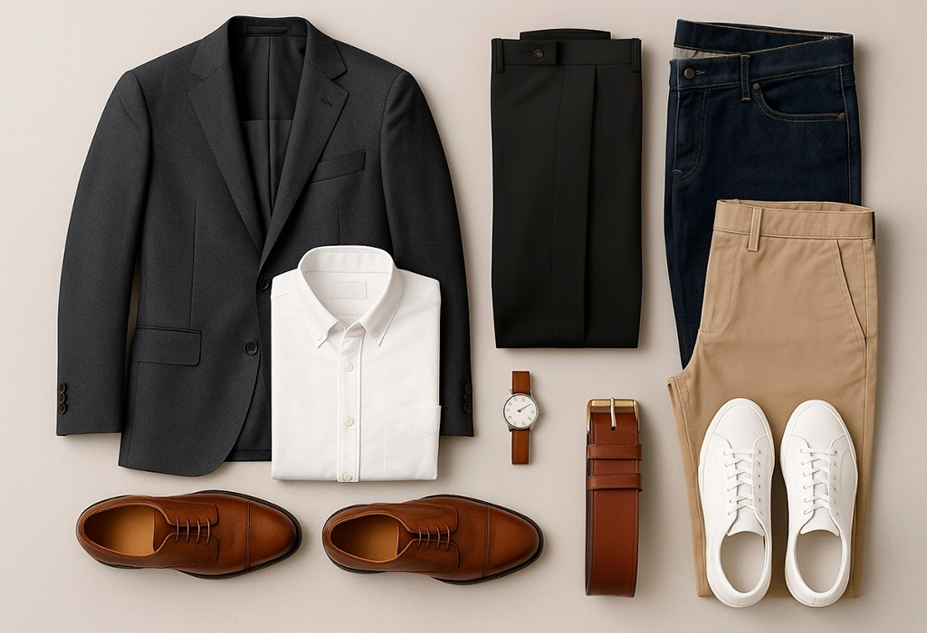 Flat lay with blazer, chinos, jeans, dress shoes, sneakers