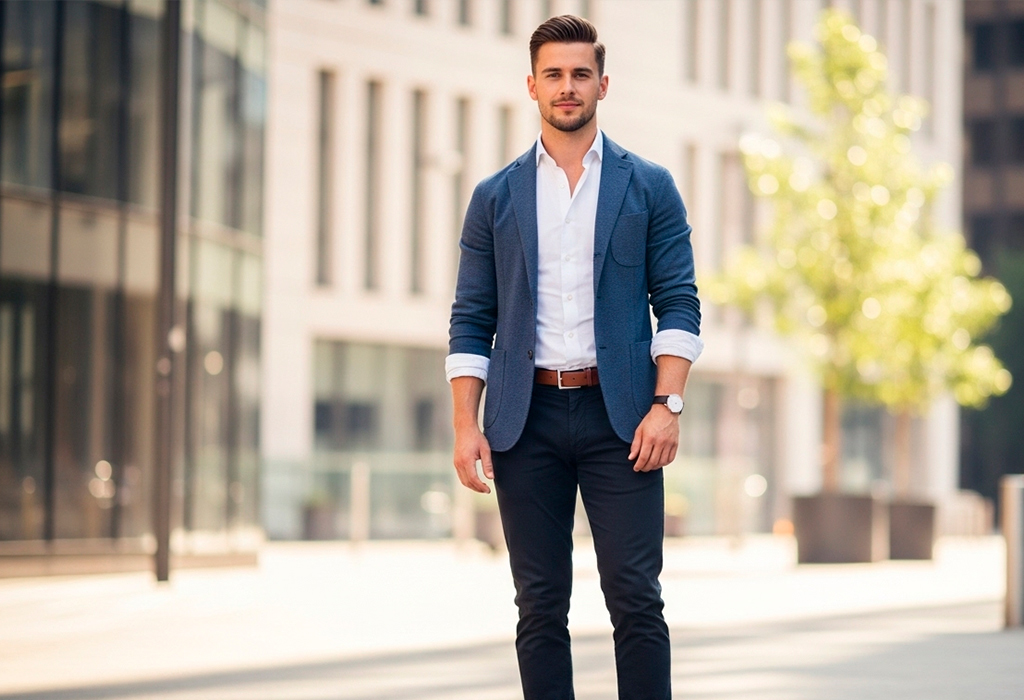 Man in blue blazer and chinos with rolled sleeves.