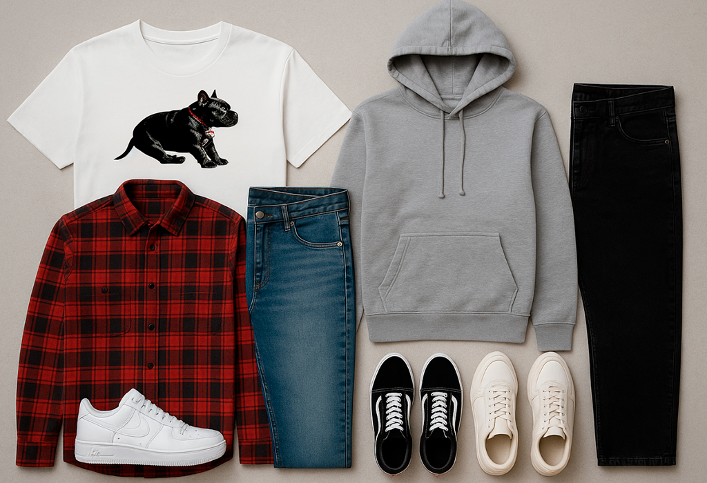 Flat lay with hoodie, flannel, jeans, sneakers.