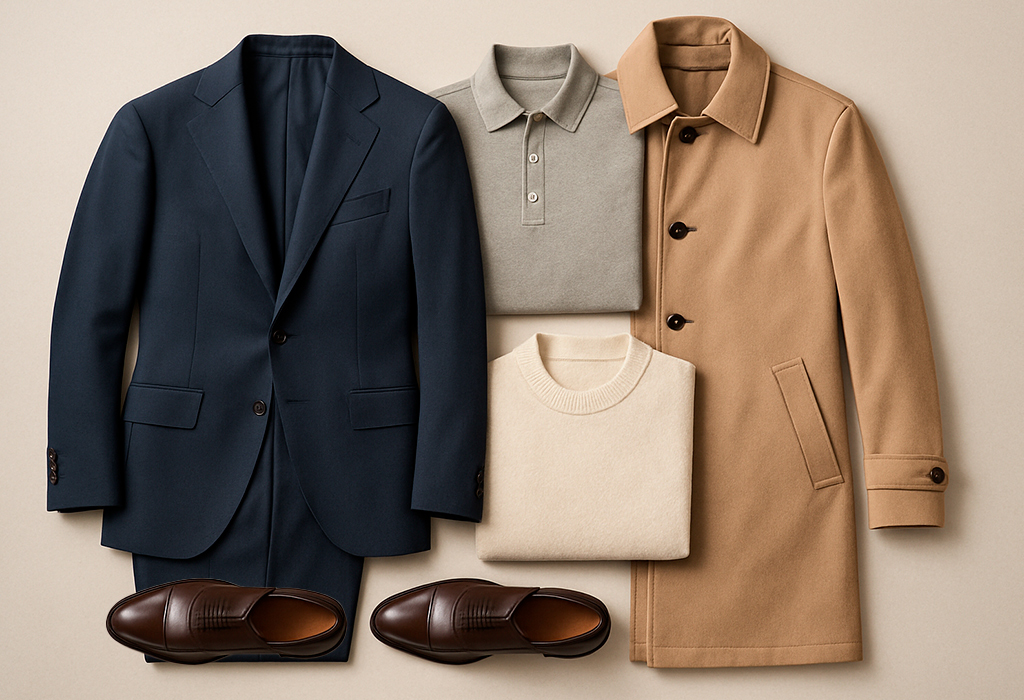 Flat lay with navy suit, camel coat, knitwear, loafers.