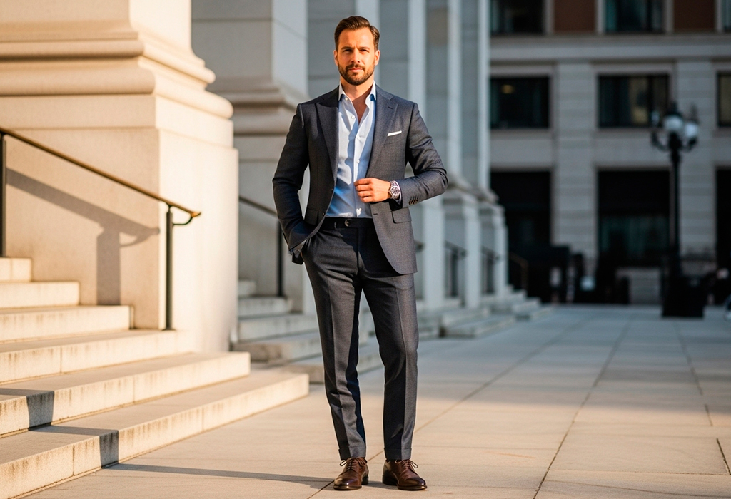 Young man in tailored navy suit with brown shoes.