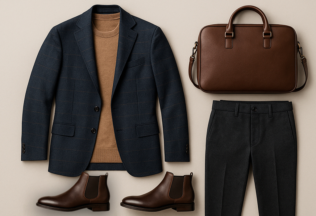 Flat lay with navy blazer, camel sweater, trousers, boots, leather bag.