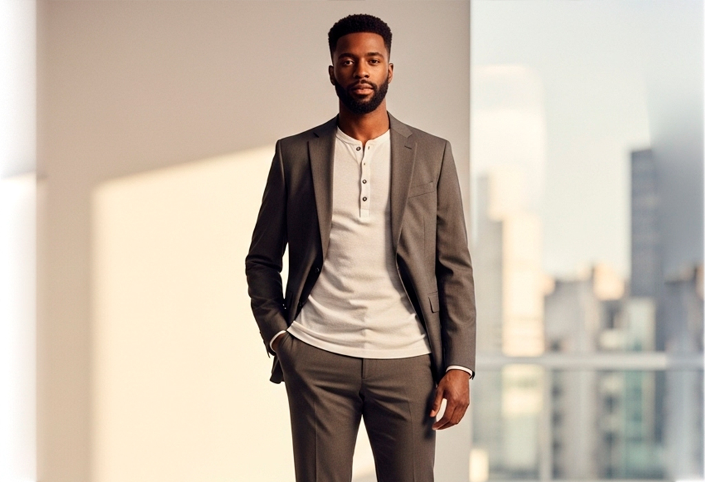 Stylish man in suit with white Henley shirt.