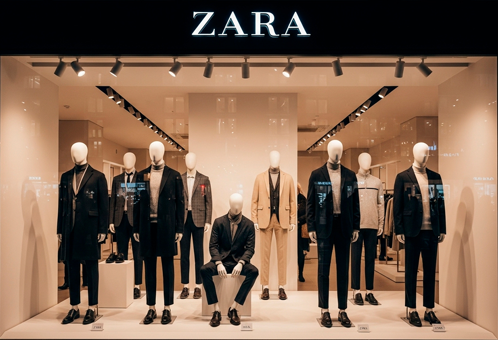 Male mannequins dressed in smart outfits displayed in Zara window