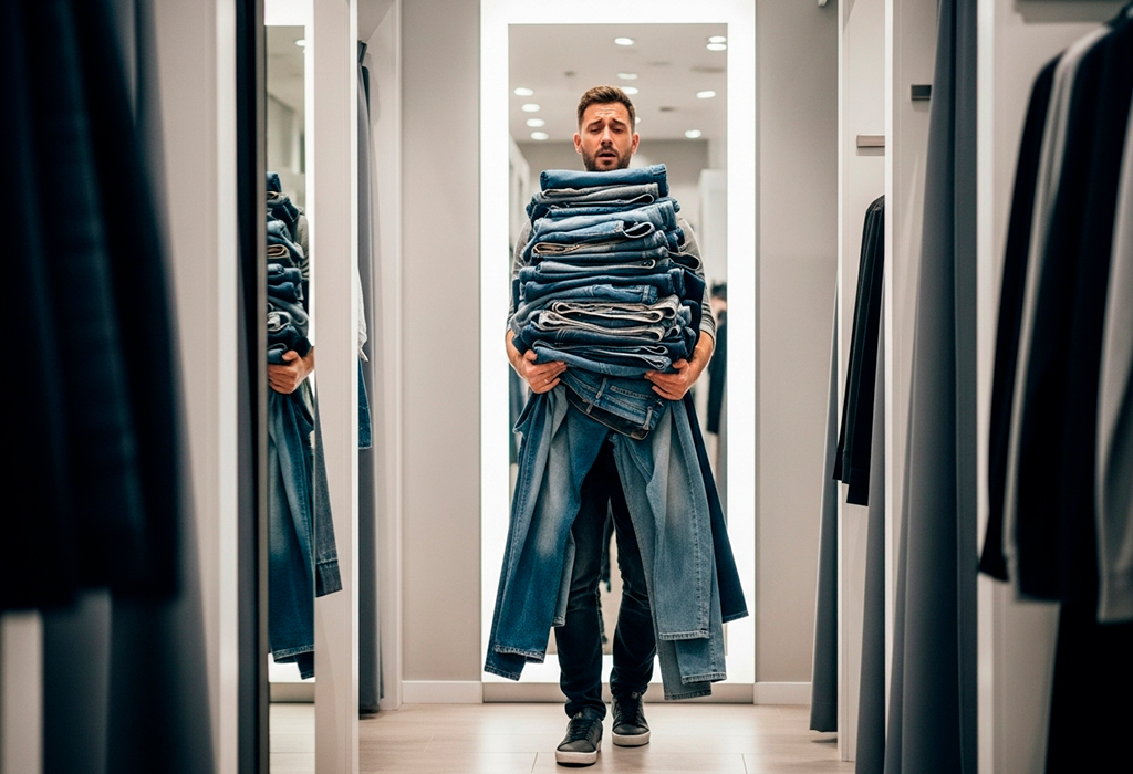 A man overwhelmed carrying a large pile of jeans