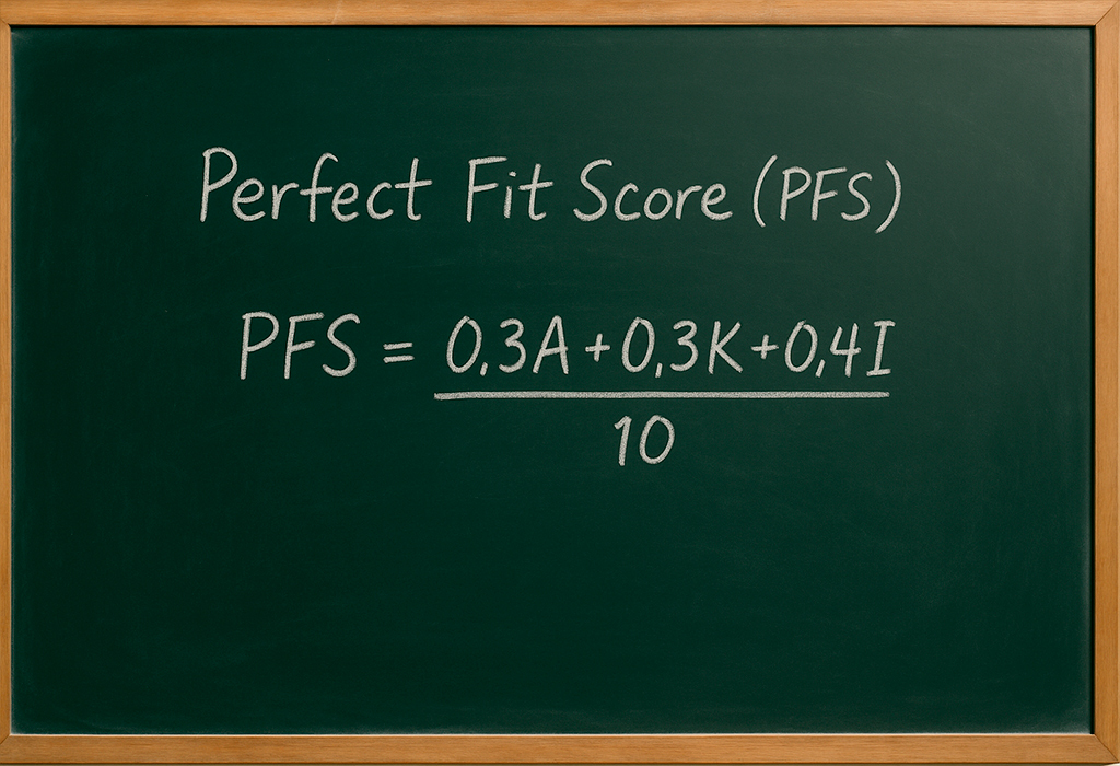 Chalkboard with Perfect Fit Score formula written casually