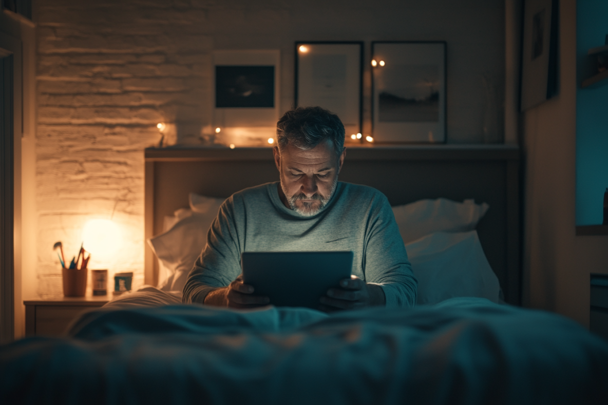 middle-aged man in a minimalist bedroom looking into tablet