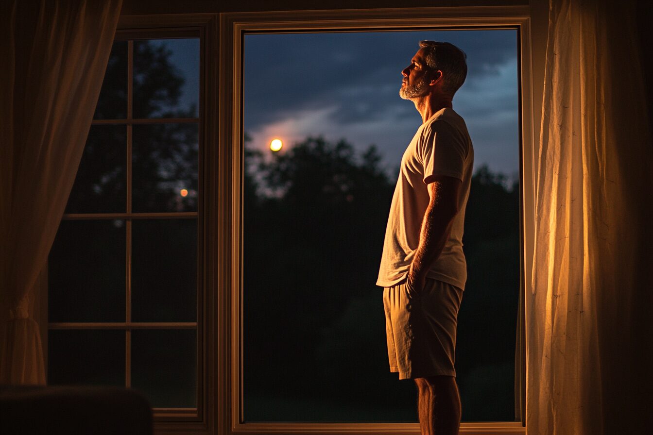 body cue ritual man standing in front of window at night