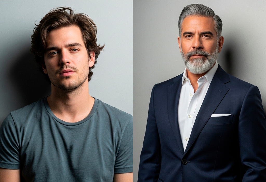 ounger man contrasted with confident older man in sharp suit and beard