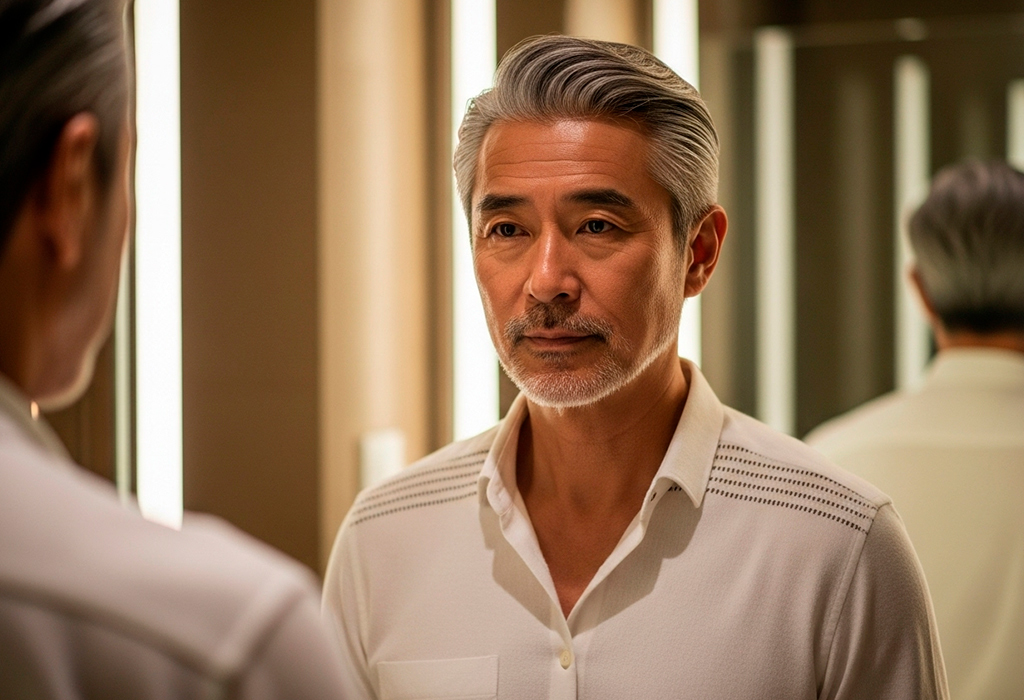 Older man with groomed beard and sharp suit radiating quiet confidence