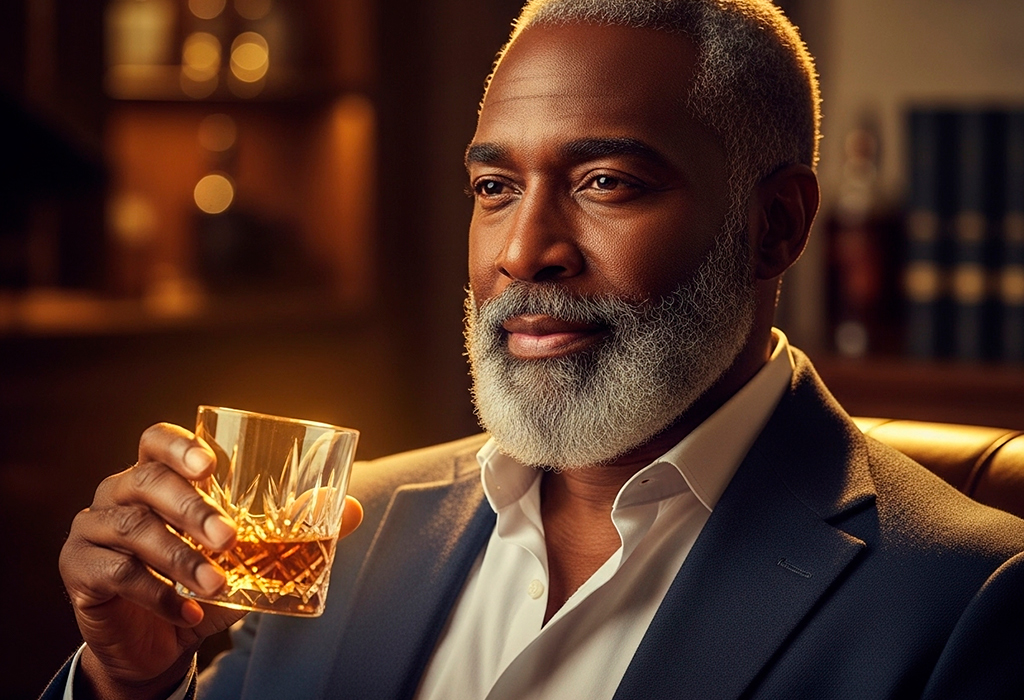 Distinguished older man enjoying whiskey, showcasing refined grooming and timeless charm