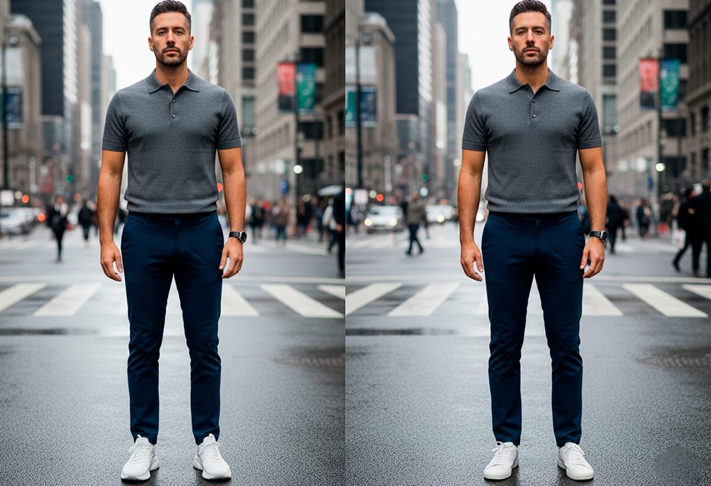 Two men side by side on a city crosswalk — left in gray polo and dark chinos with bulky running shoes, right in the same outfit but with clean minimalist white sneakers for a sharper appearance.