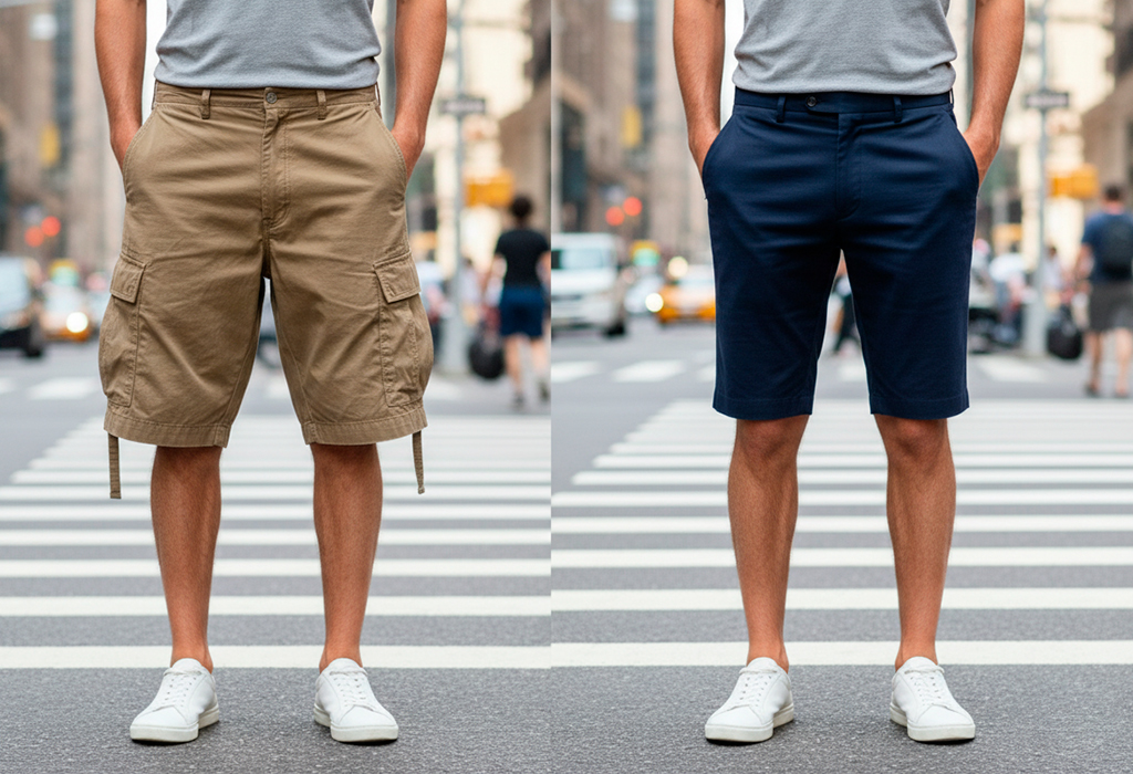 Two men shown from the waist down — left wearing loose khaki cargo shorts, right wearing fitted navy tailored shorts, both paired with white sneakers for a clear style contrast.