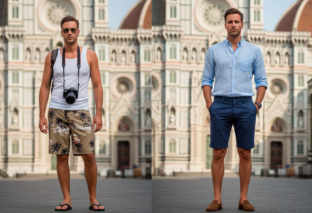 Two men in front of a historic European cathedral — left in a white tank top, tropical shorts, and flip-flops with a camera around his neck, right in a light blue button-down shirt and tailored shorts with loafers, blending in more elegantly.