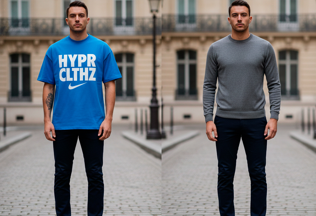 Two men side by side — left in a bright blue oversized logo T-shirt, right in a fitted gray sweater, showing how minimalism elevates the outfit.