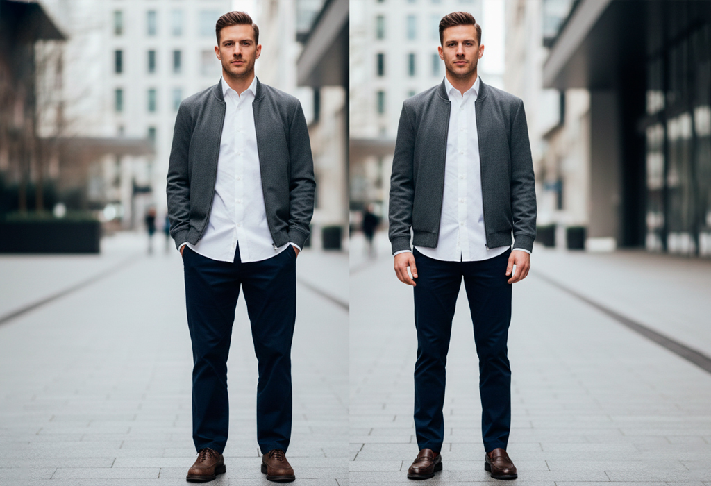Two men side by side in a smart-casual outfit — left with loose, baggy pants and longer hems, right with a tailored, properly fitted silhouette that sharpens the overall look