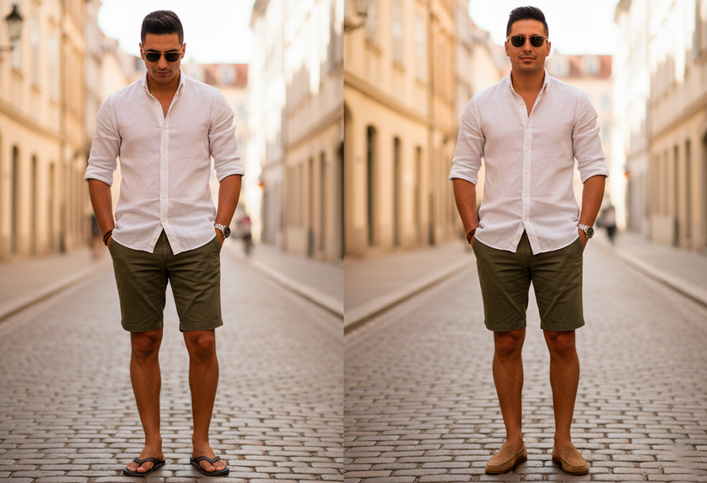 Two men side by side on a cobblestone street — left in a casual outfit with flip-flops, right wearing the same outfit but with loafers, showing a cleaner, more intentional summer style.