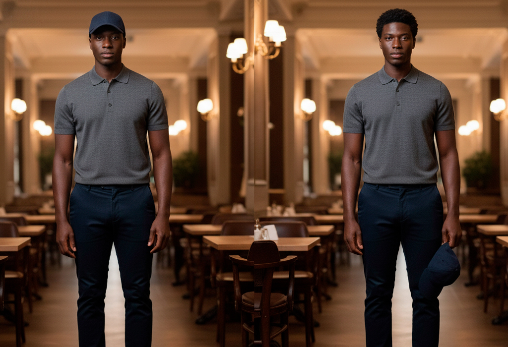 Two men inside a café — left wearing a baseball cap with a polo shirt and slacks, right holding the cap in hand, creating a more polished and respectful indoor look
