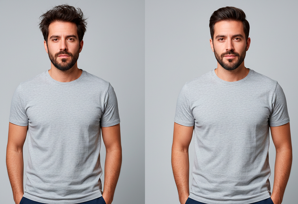 Side-by-side of the same man in a gray T-shirt — left with messy hair and unkempt beard, right with neatly styled hair and groomed beard, showing the impact of grooming on appearance