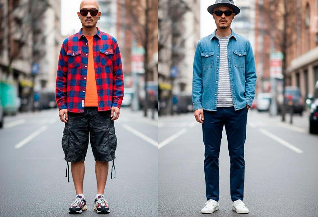 Two men side by side on a city street — left wearing a loud red plaid shirt over orange T-shirt with camo cargo shorts, right wearing a simple denim overshirt and striped tee with dark chinos, creating a more refined look