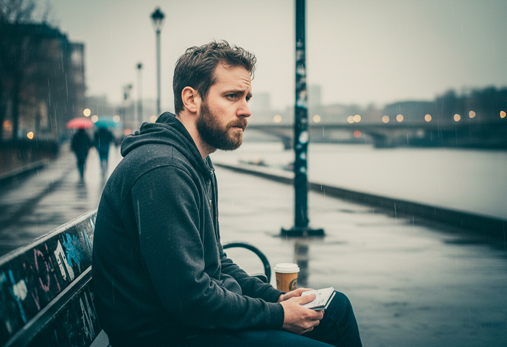 Bearded man sitting on rainy bench, holding notebook