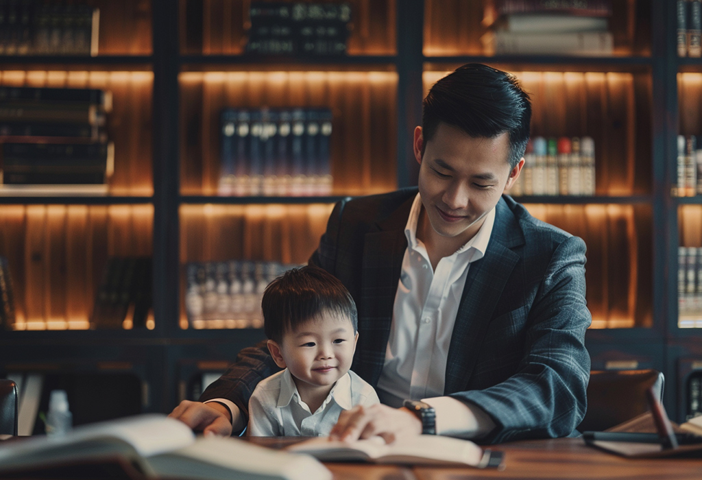 Father and young son reading book together in library