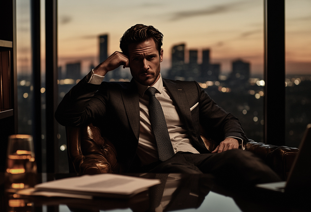 Businessman in suit sitting in office at sunset