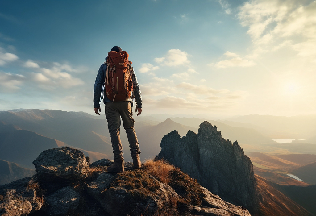 Hiker with backpack standing on mountain peak at sunrise