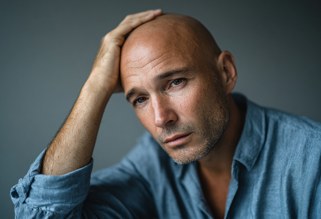man in casual shirt looking tired and reflective