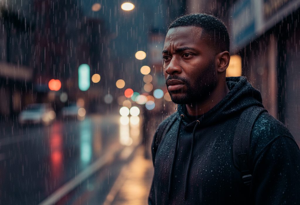 Man in hoodie walking alone in rain, city lights.