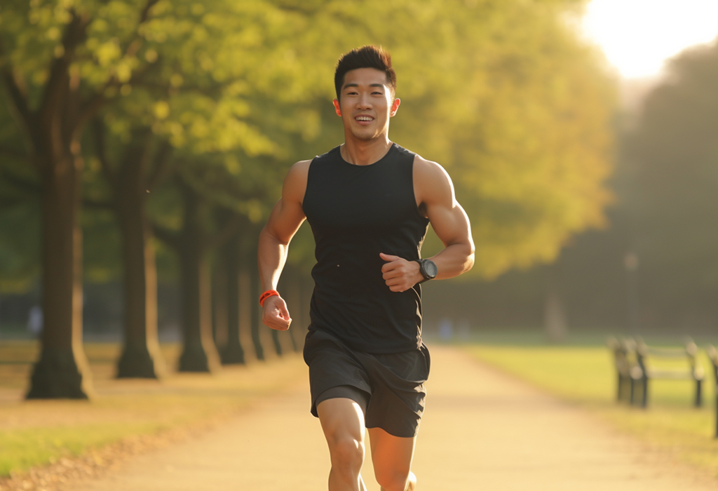 Athletic man jogging in park at sunrise, determined expression